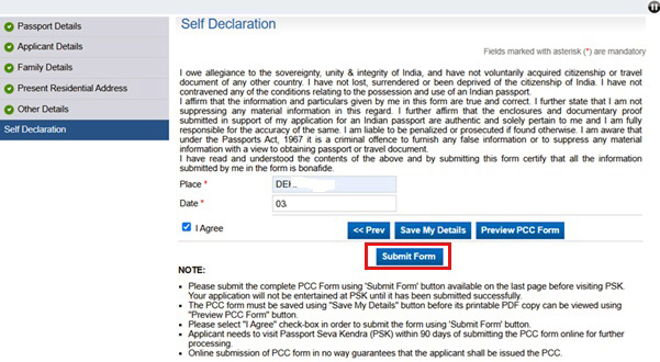 Self Declaration and Submit the Form